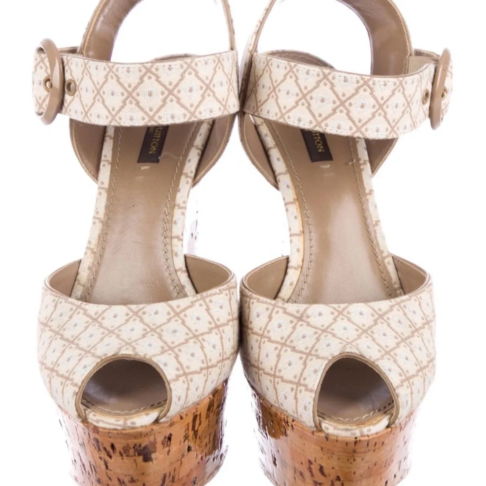 Auth Louis Vuitton Peep Toe Cream Cork Platform Wedge strap vintage 7.5 37.5 - Picture 5 of 6